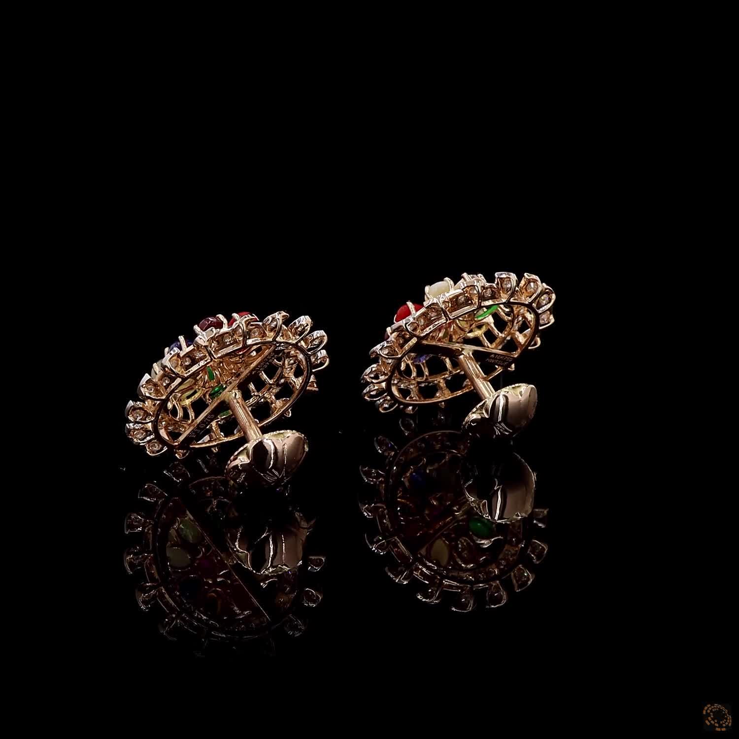 Navratna Stone Diamond Earrings in 18KT Yellow Gold