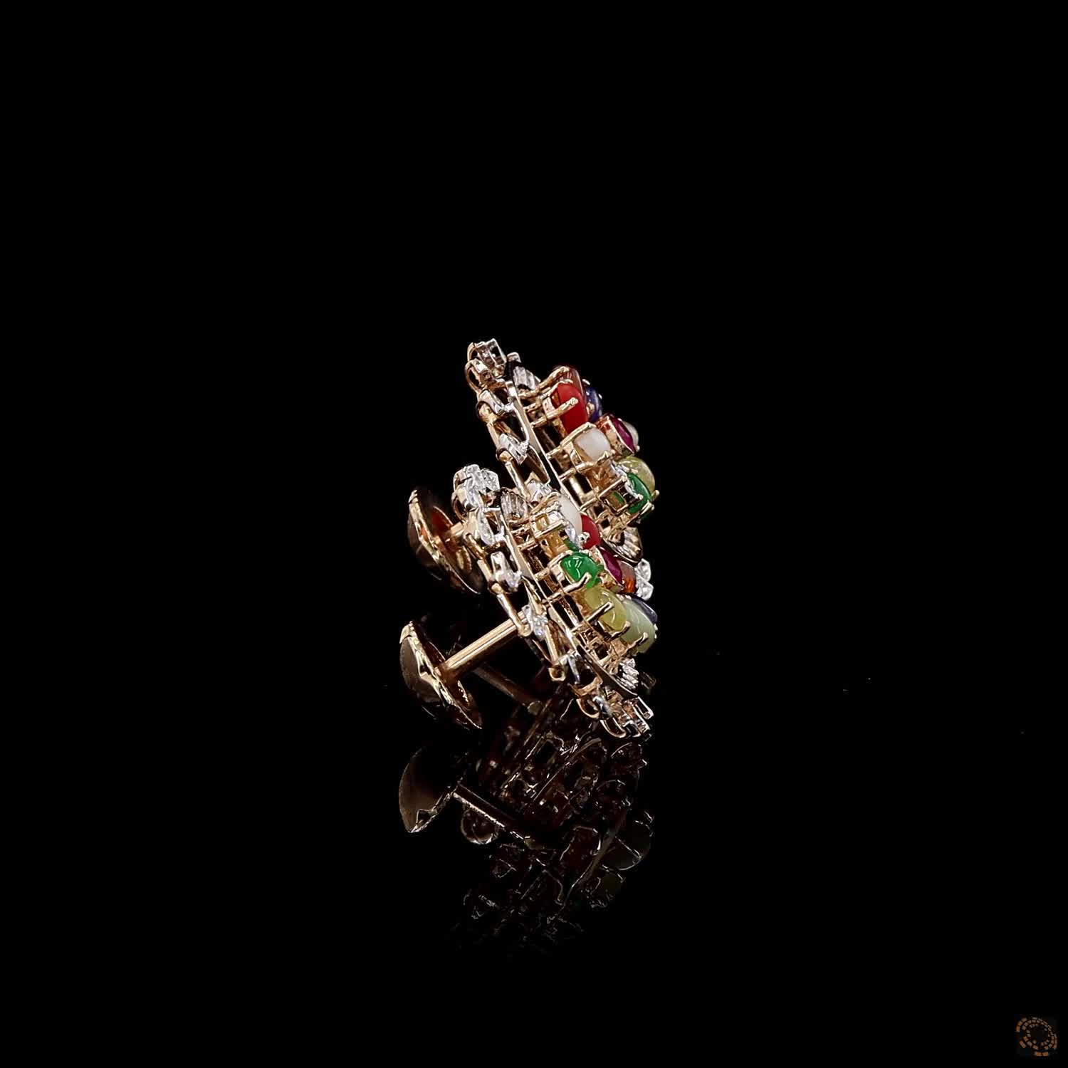 Navratna Stone Diamond Earrings in 18KT Yellow Gold