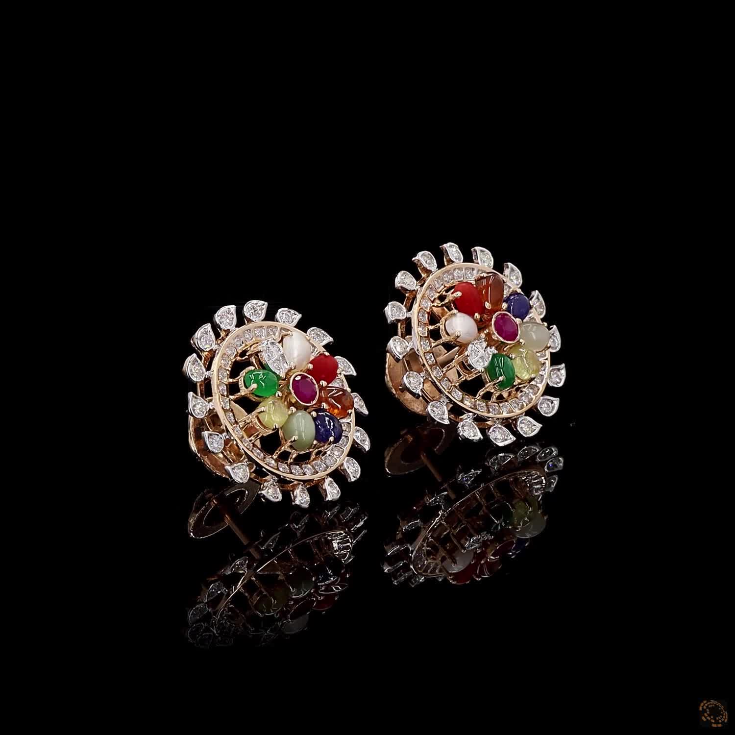 Navratna Stone Diamond Earrings in 18KT Yellow Gold