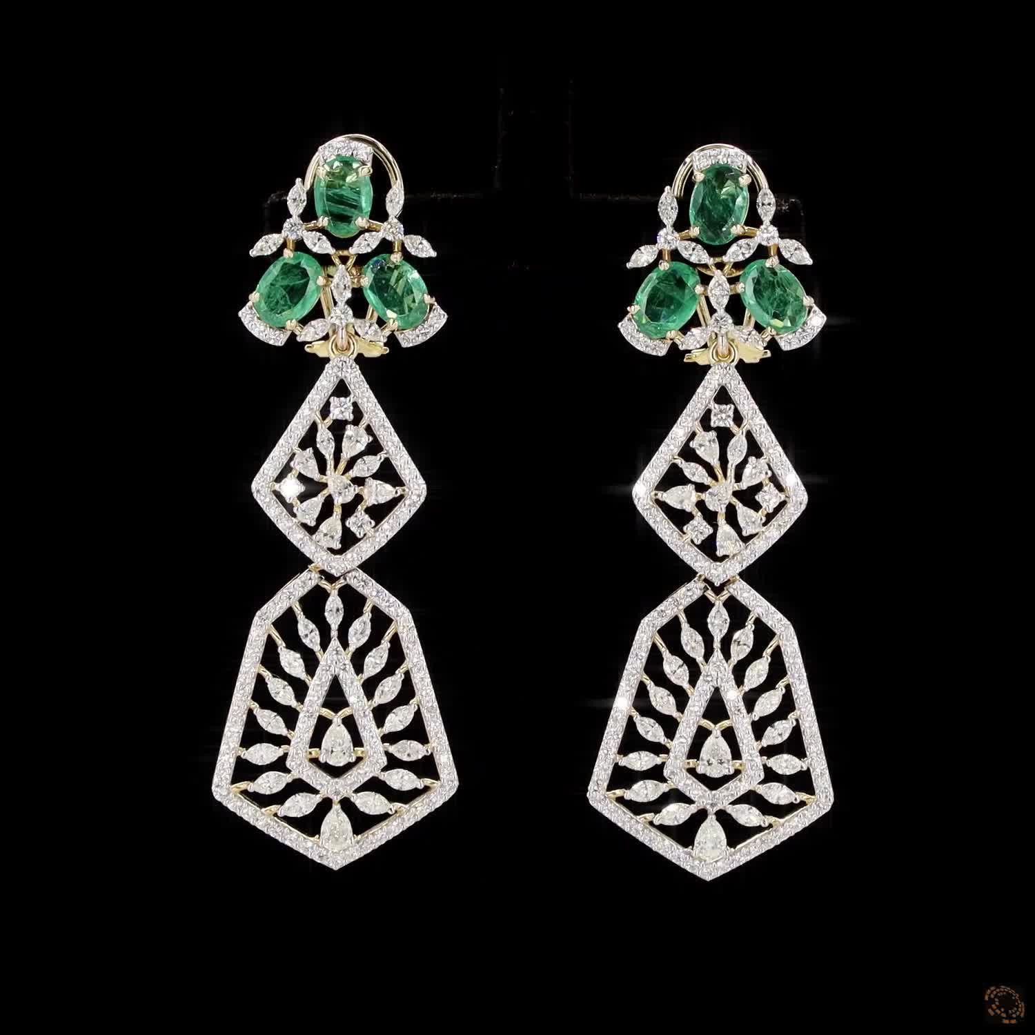 Emerald Diamond Earrings in 18KT Yellow Gold