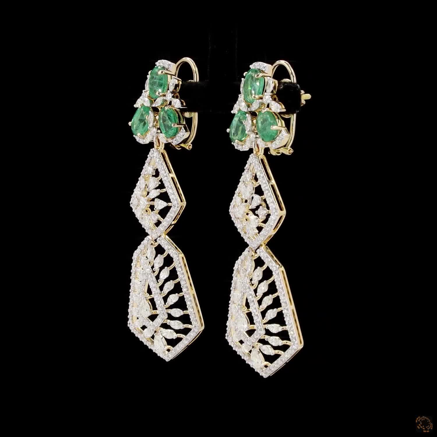 Emerald Diamond Earrings in 18KT Yellow Gold