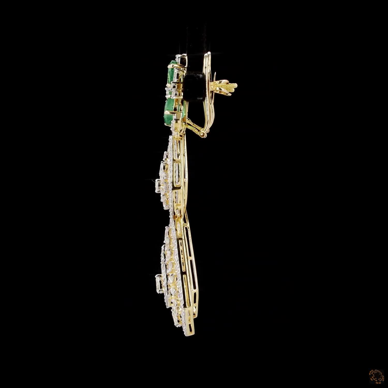 Emerald Diamond Earrings in 18KT Yellow Gold