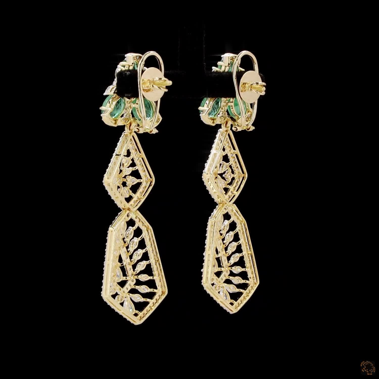 Emerald Diamond Earrings in 18KT Yellow Gold