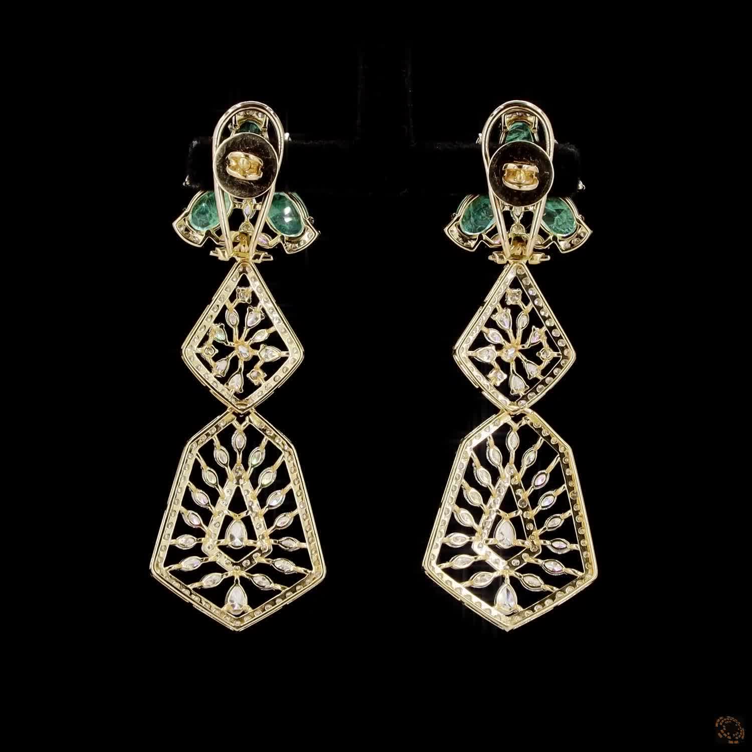 Emerald Diamond Earrings in 18KT Yellow Gold