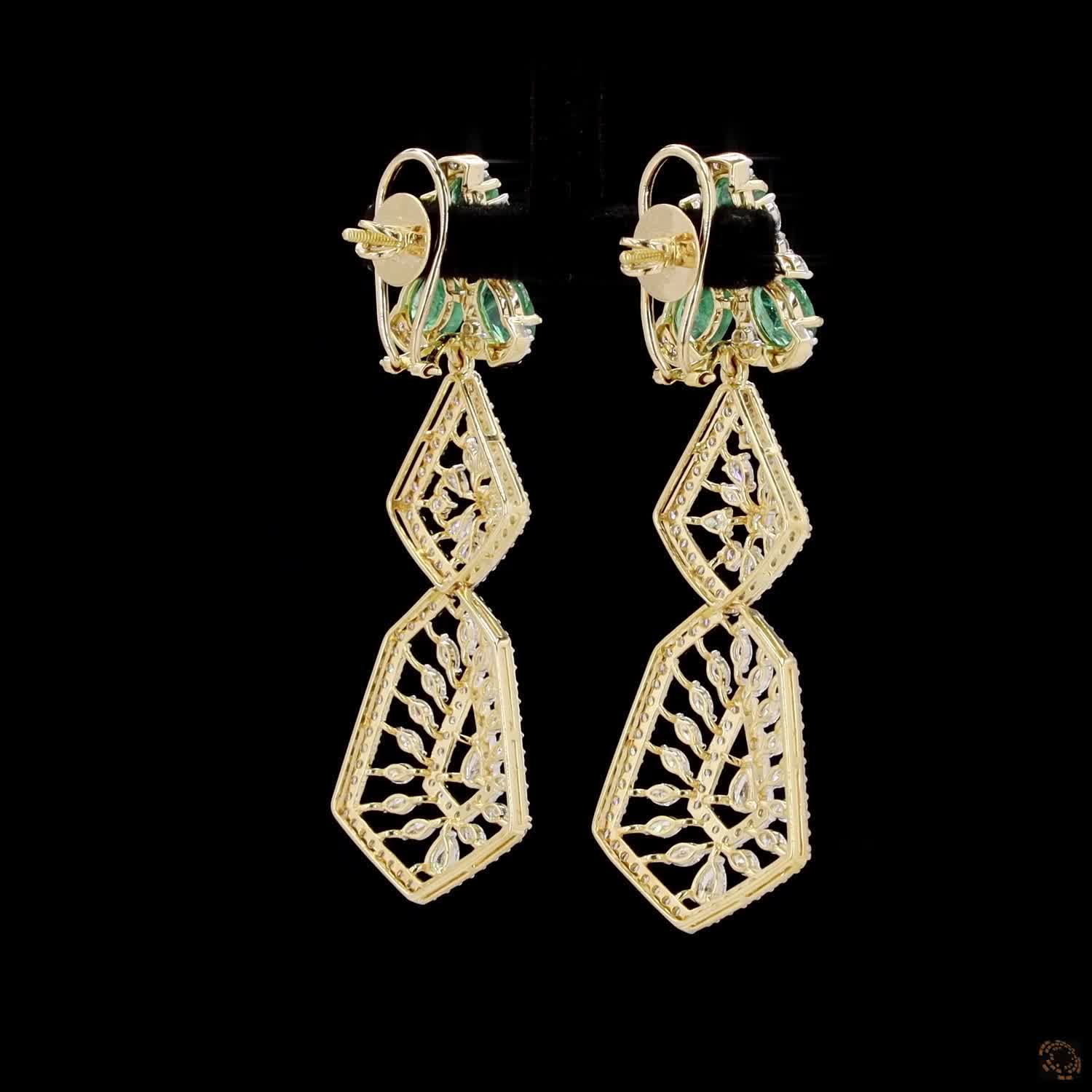 Emerald Diamond Earrings in 18KT Yellow Gold