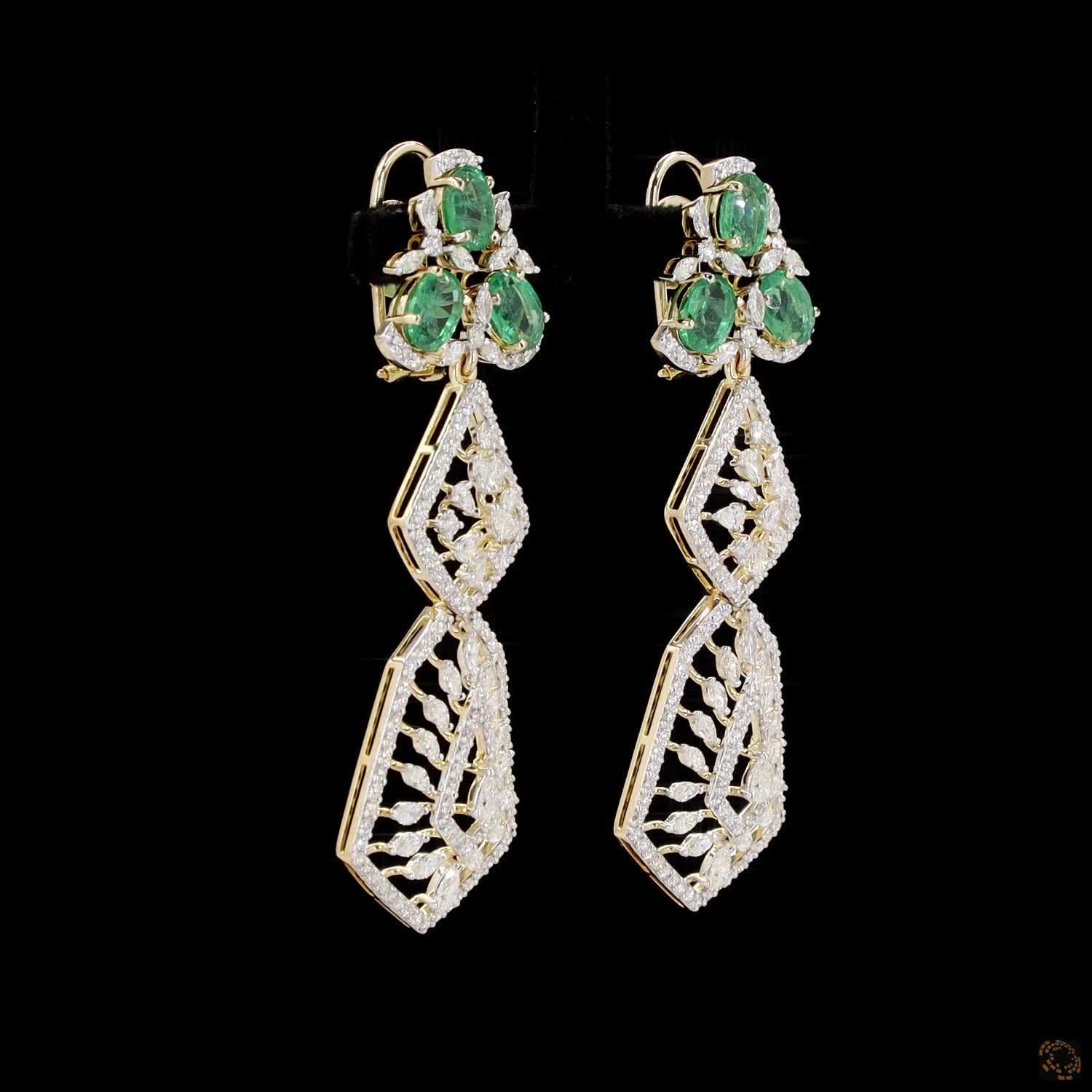 Emerald Diamond Earrings in 18KT Yellow Gold