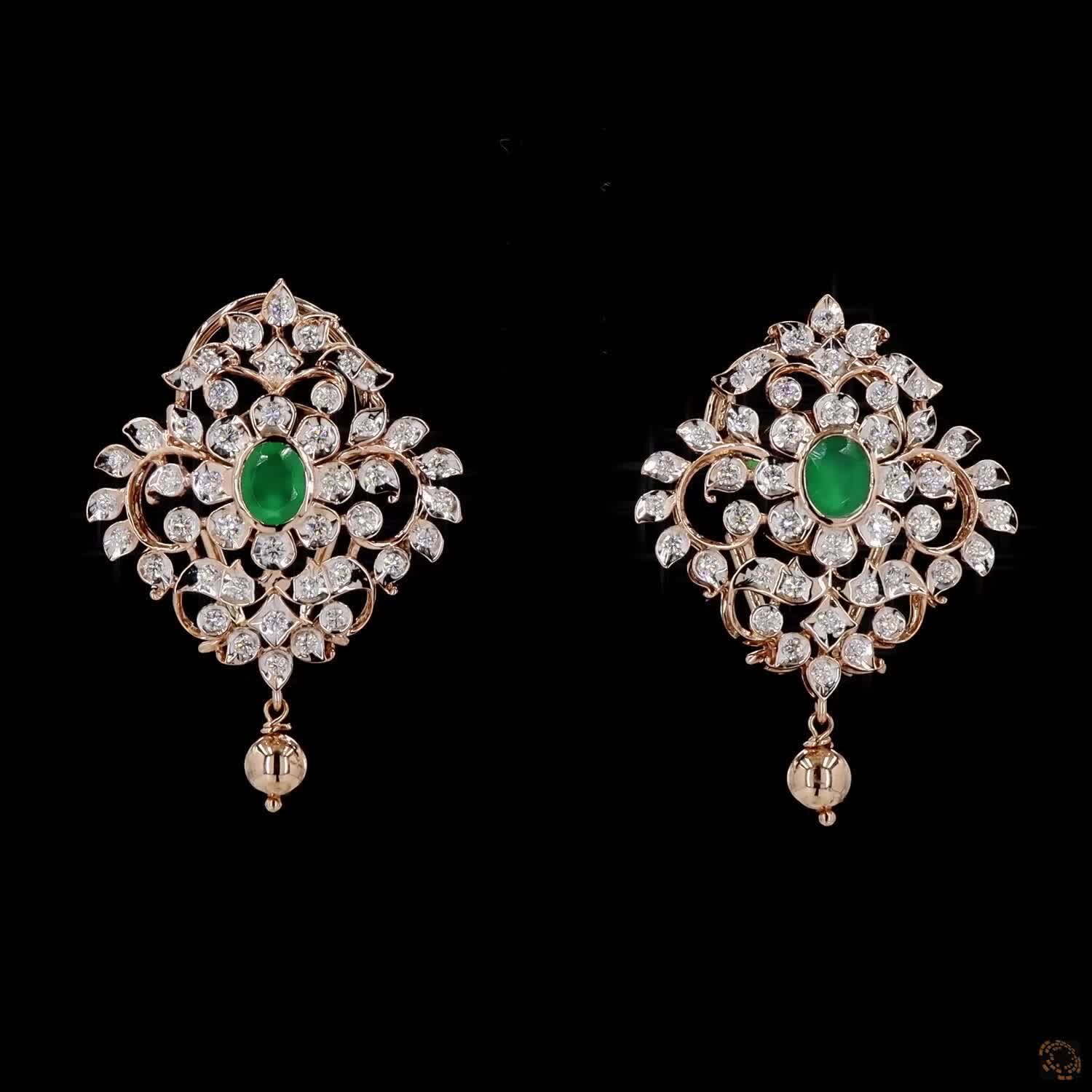 Emerald Diamond Earrings in 18KT Yellow Gold