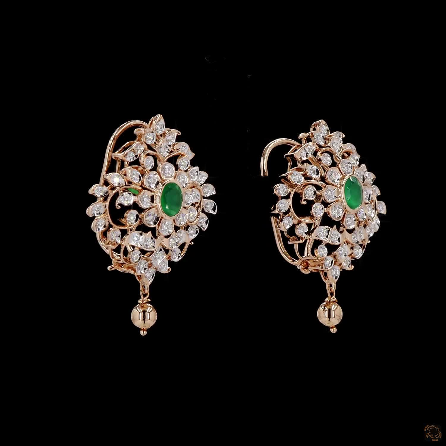 Emerald Diamond Earrings in 18KT Yellow Gold
