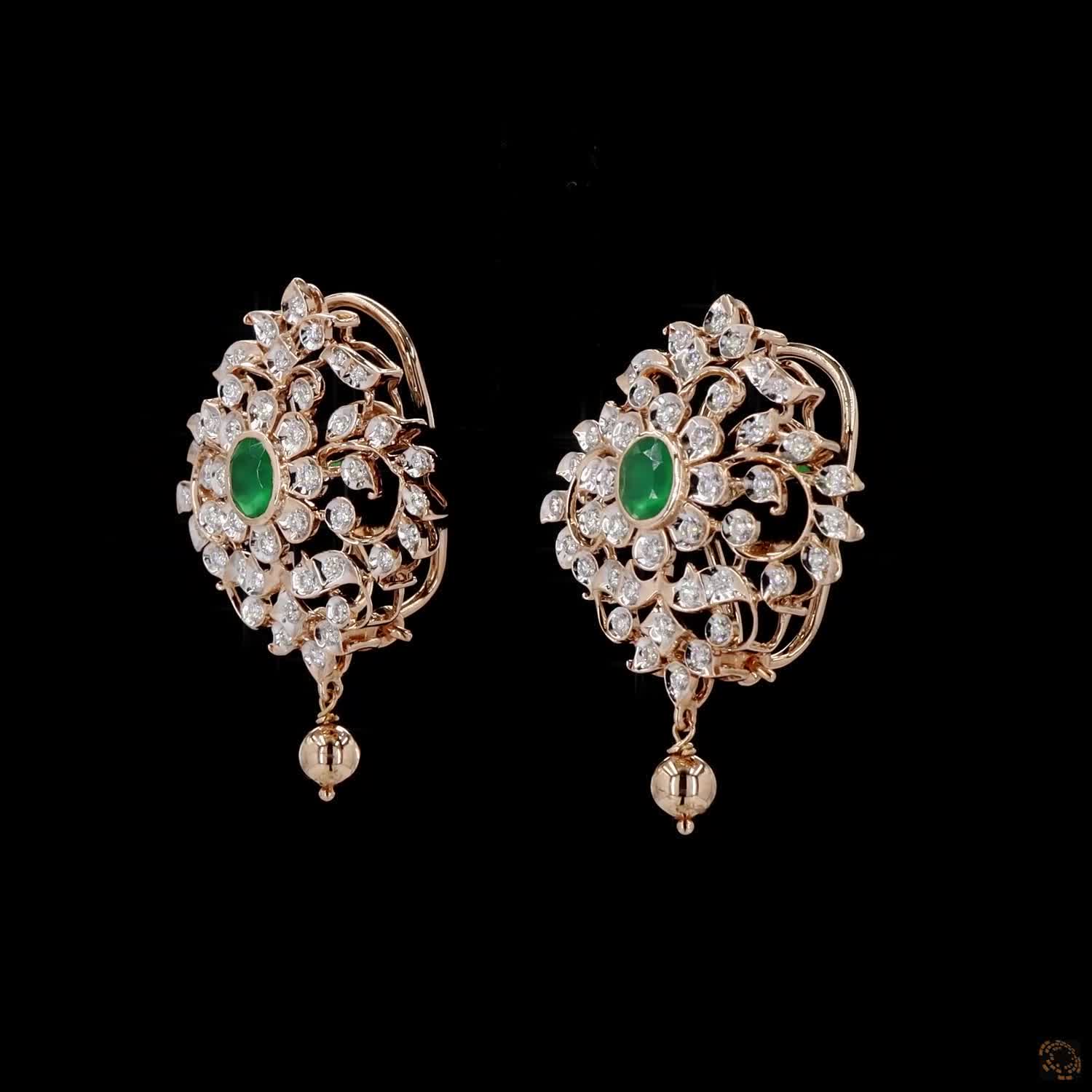 Emerald Diamond Earrings in 18KT Yellow Gold