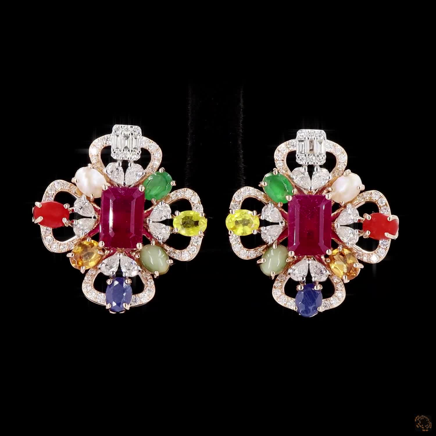 Navratna Stone Diamond Earrings in 18KT Rose Gold