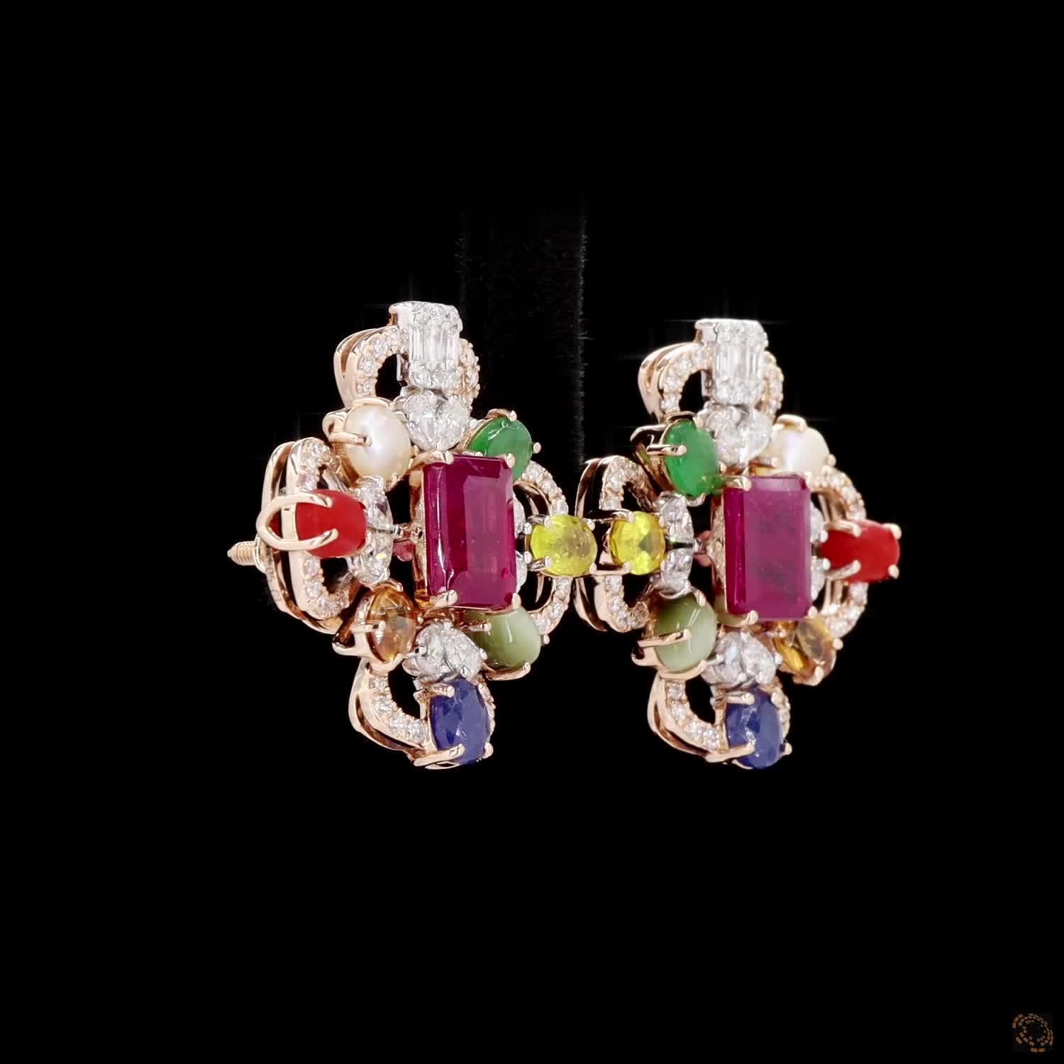 Navratna Stone Diamond Earrings in 18KT Rose Gold