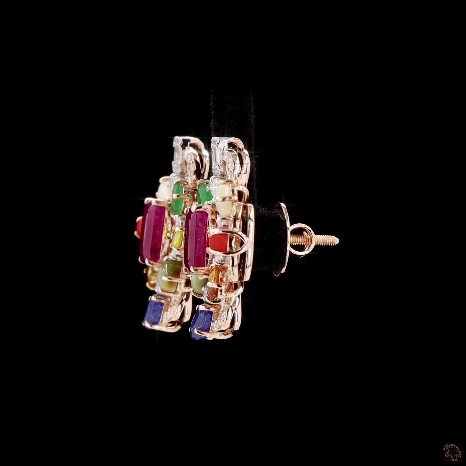 Navratna Stone Diamond Earrings in 18KT Rose Gold