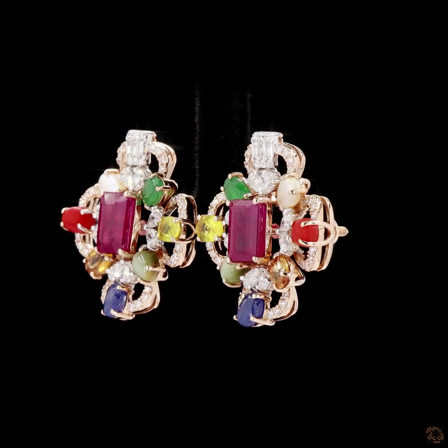 Navratna Stone Diamond Earrings in 18KT Rose Gold