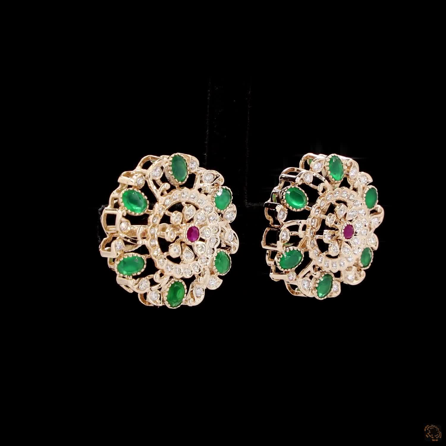Emerald & Ruby Diamond Earrings in 18KT Yellow Gold