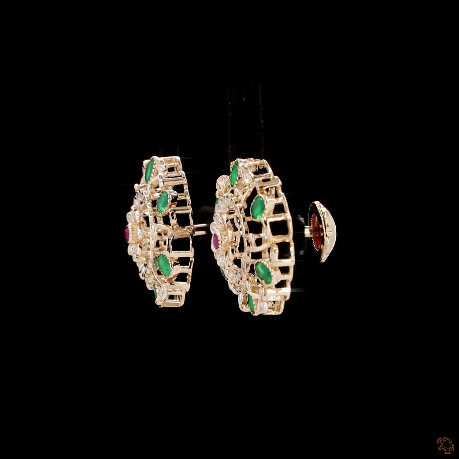 Emerald & Ruby Diamond Earrings in 18KT Yellow Gold