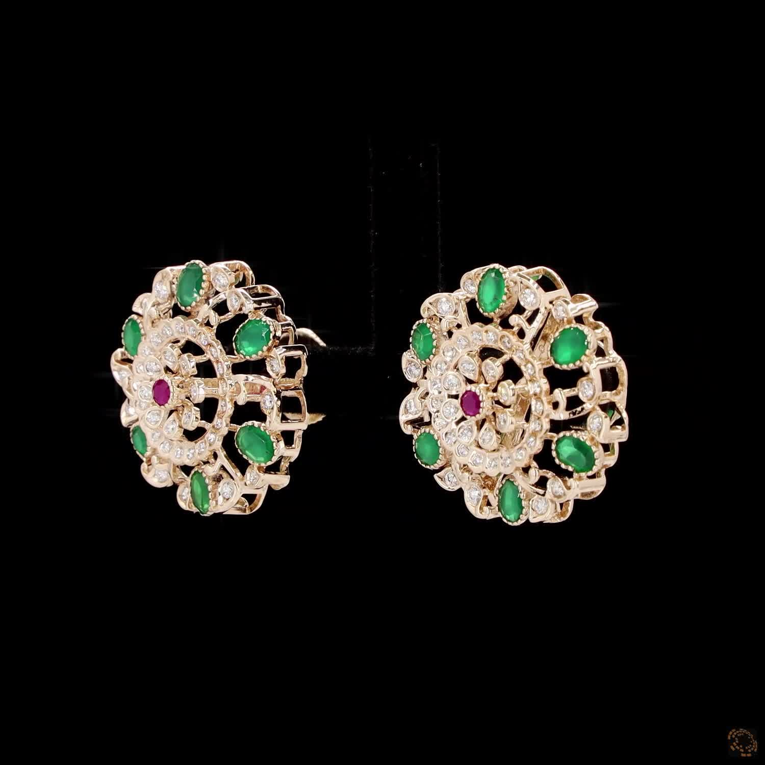Emerald & Ruby Diamond Earrings in 18KT Yellow Gold
