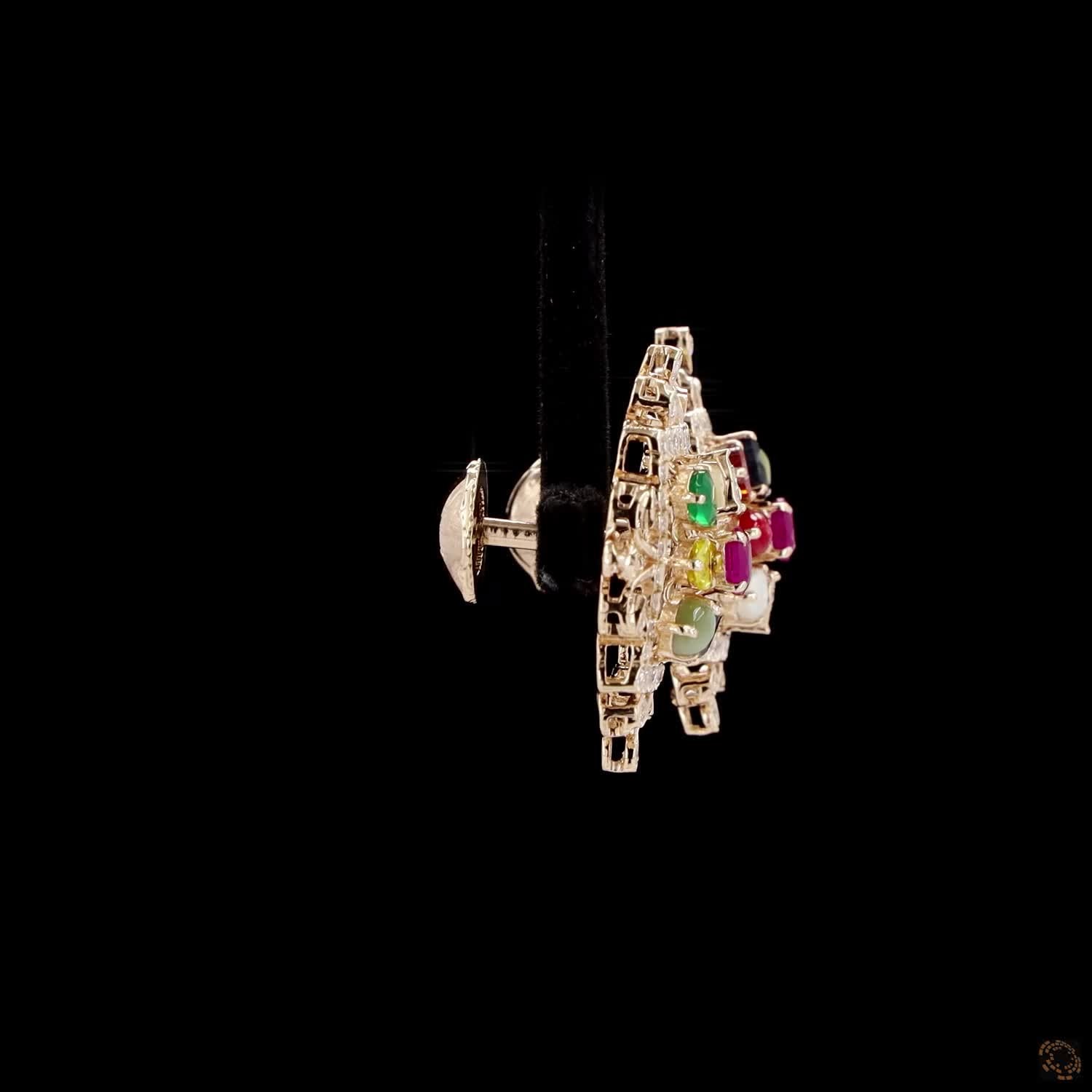 Navratna Stone Diamond Earrings in 18KT Yellow Gold