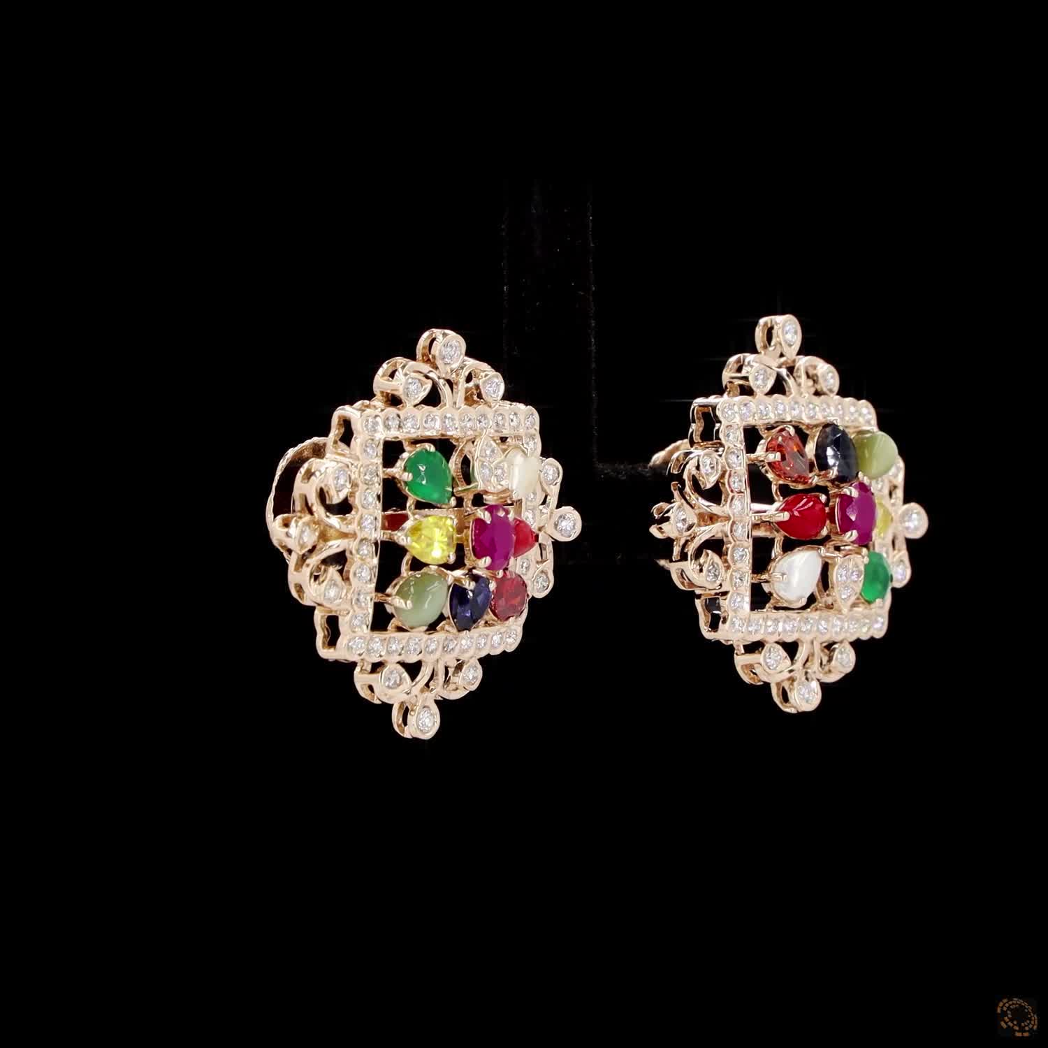 Navratna Stone Diamond Earrings in 18KT Yellow Gold