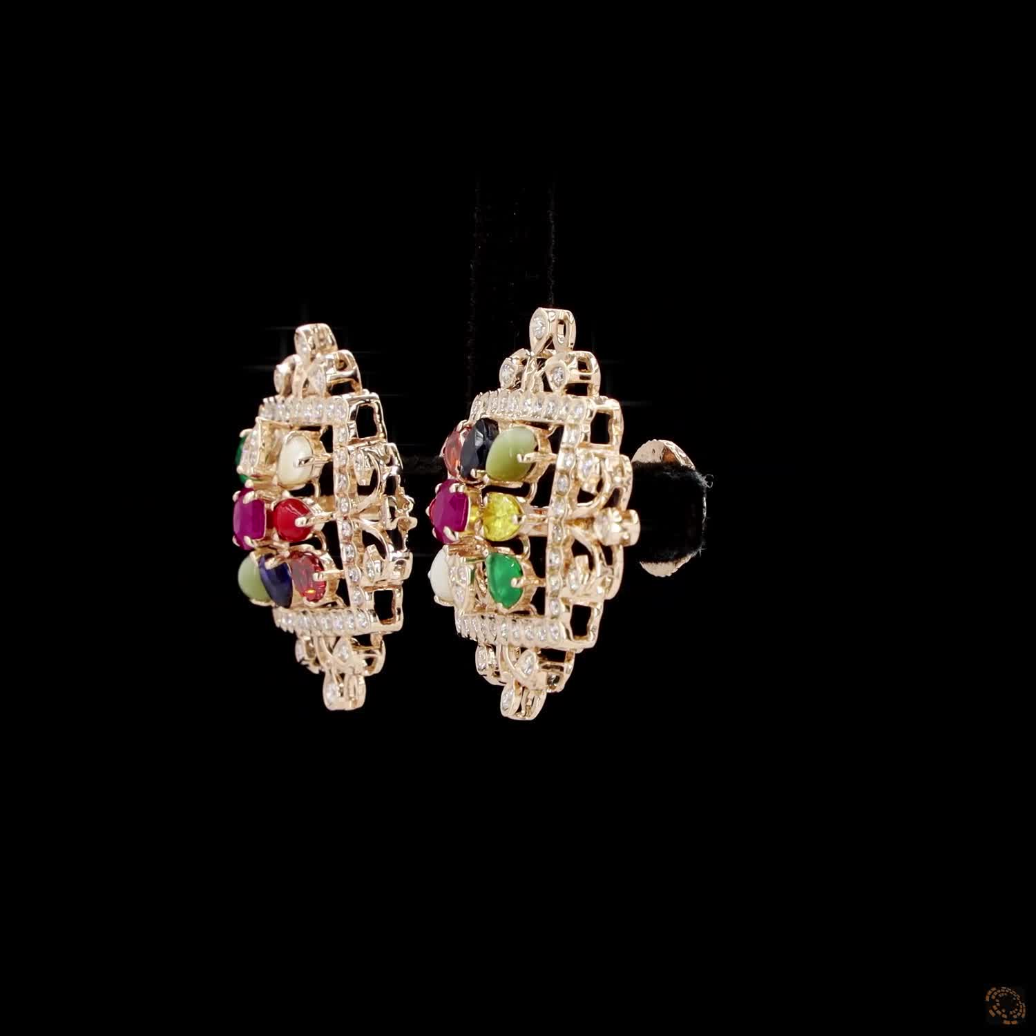 Navratna Stone Diamond Earrings in 18KT Yellow Gold