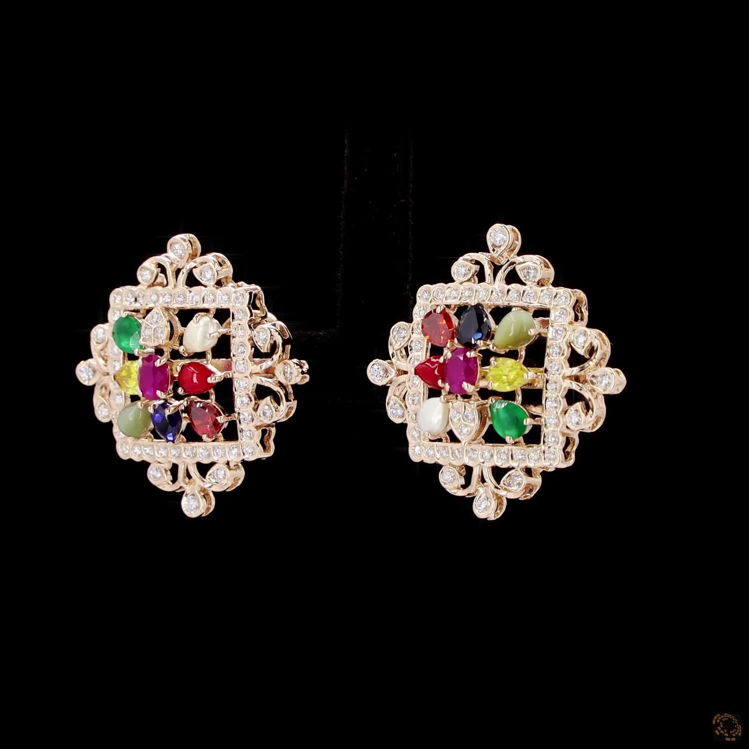 Navratna Stone Diamond Earrings in 18KT Yellow Gold