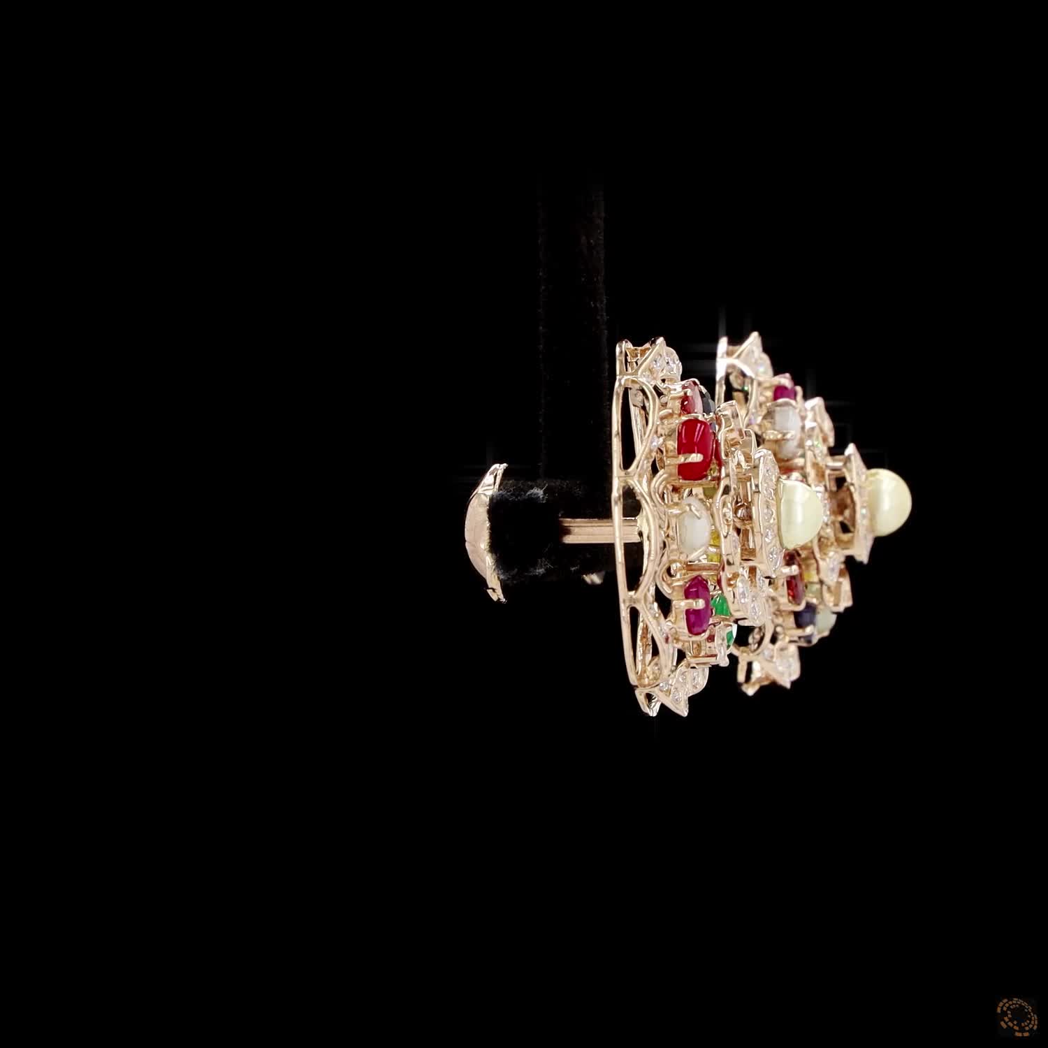 Navratna Stone & Pearl Diamond Earrings in 18KT Yellow Gold