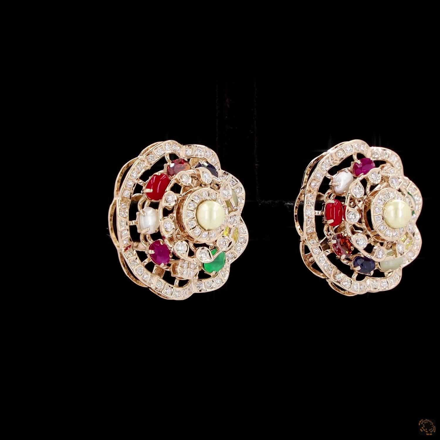 Navratna Stone & Pearl Diamond Earrings in 18KT Yellow Gold