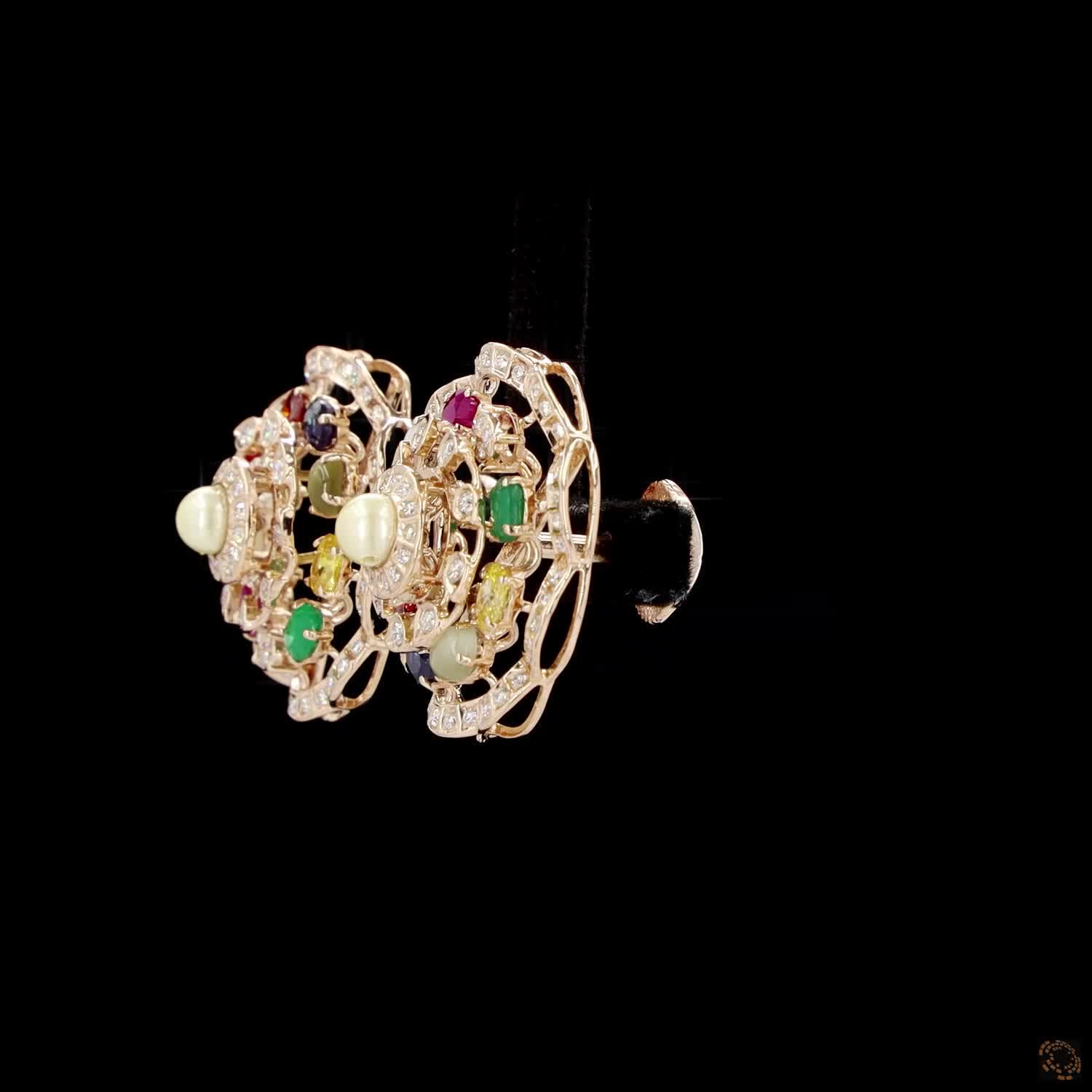 Navratna Stone & Pearl Diamond Earrings in 18KT Yellow Gold