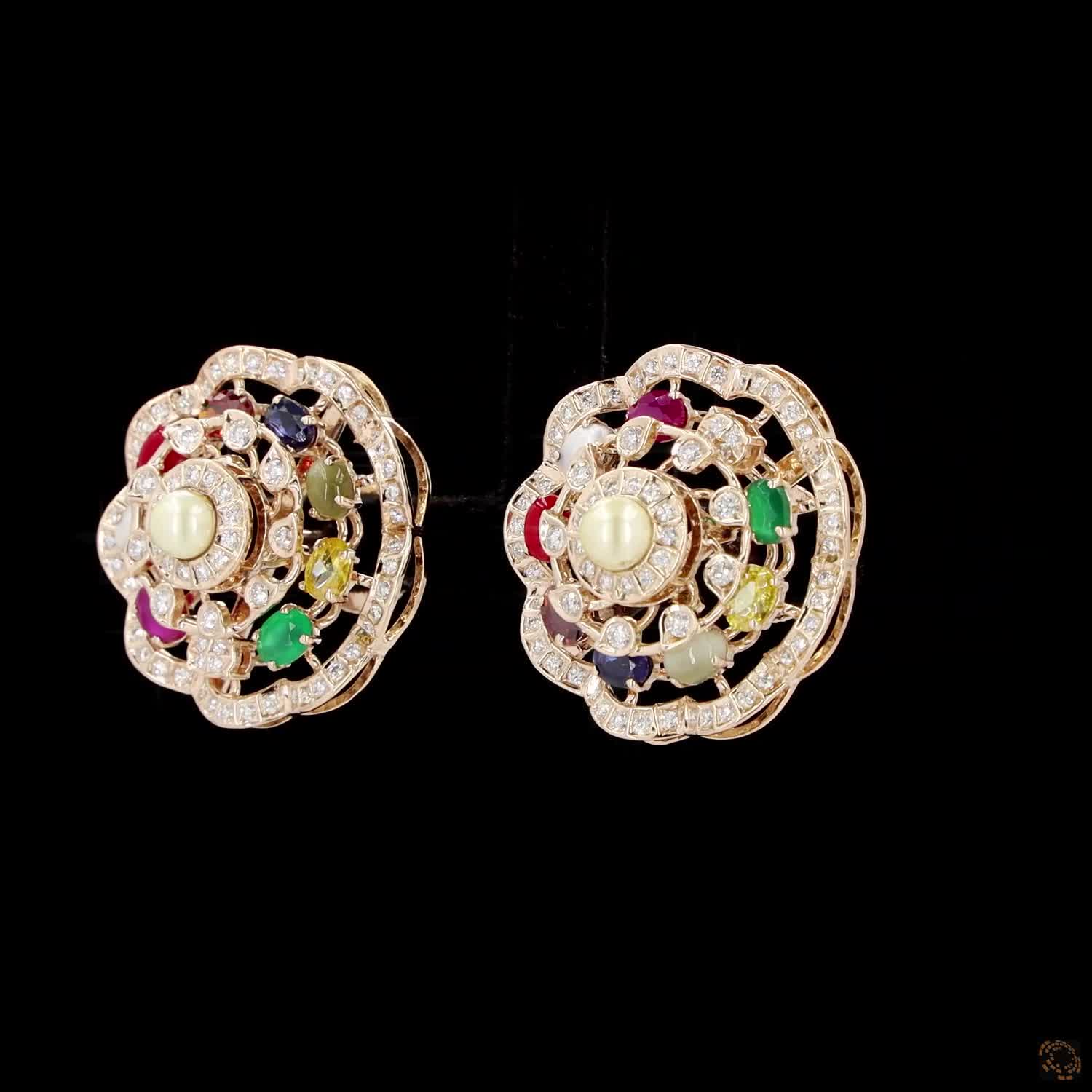 Navratna Stone & Pearl Diamond Earrings in 18KT Yellow Gold