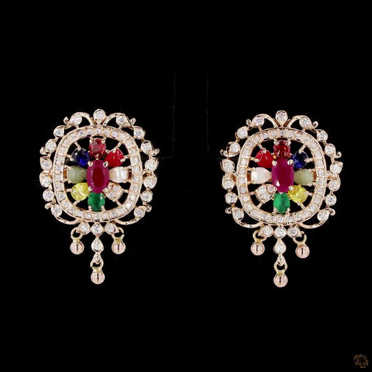 Navratna Stone Diamond Earrings in 18KT Yellow Gold