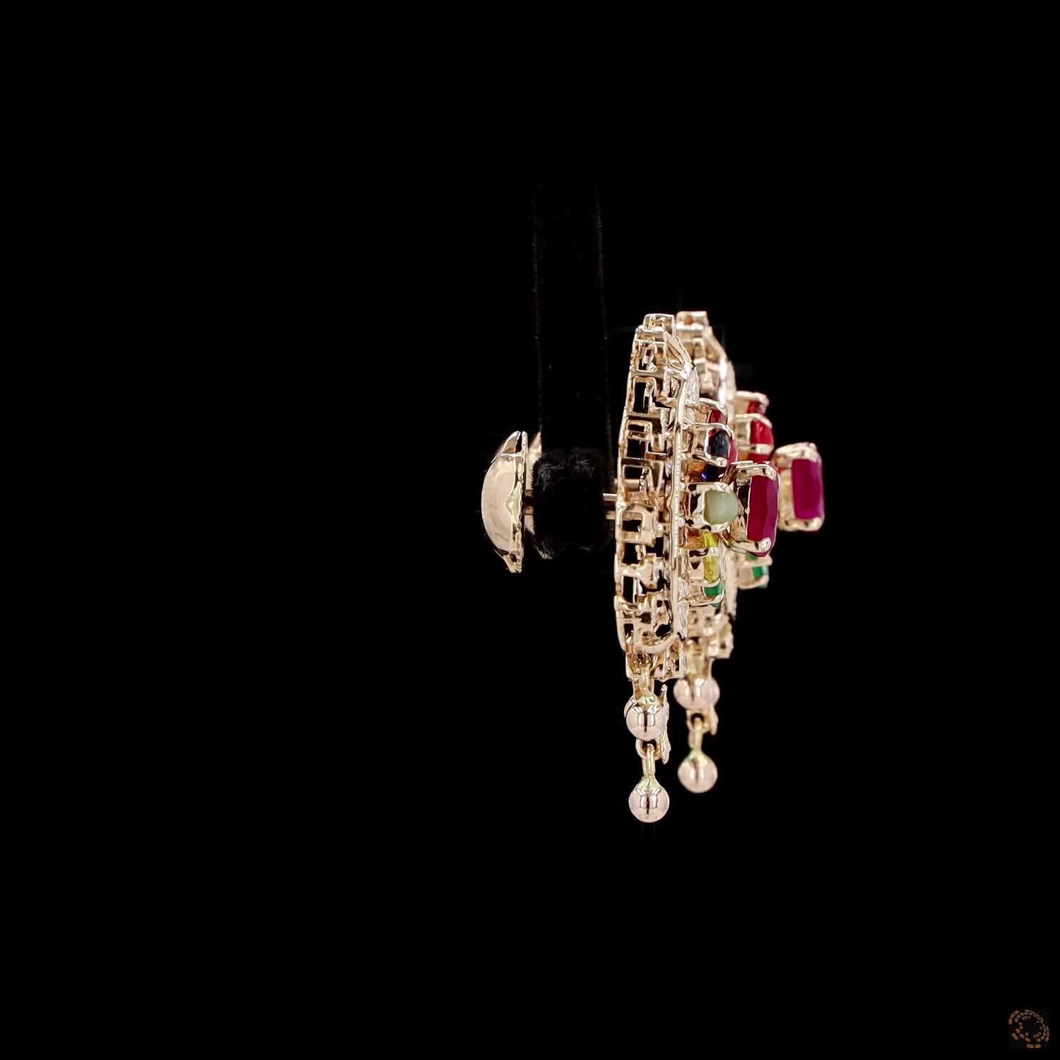 Navratna Stone Diamond Earrings in 18KT Yellow Gold