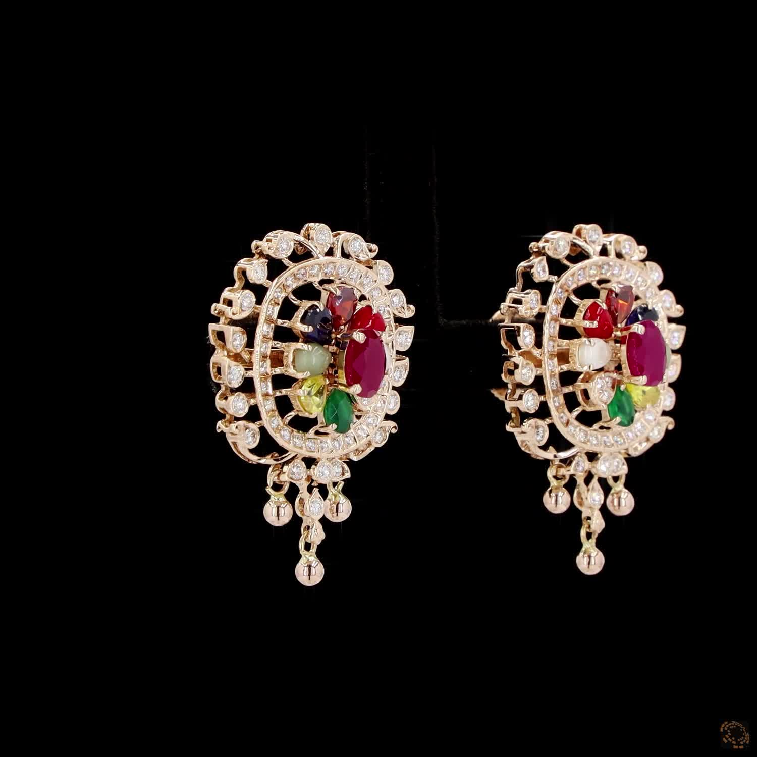 Navratna Stone Diamond Earrings in 18KT Yellow Gold