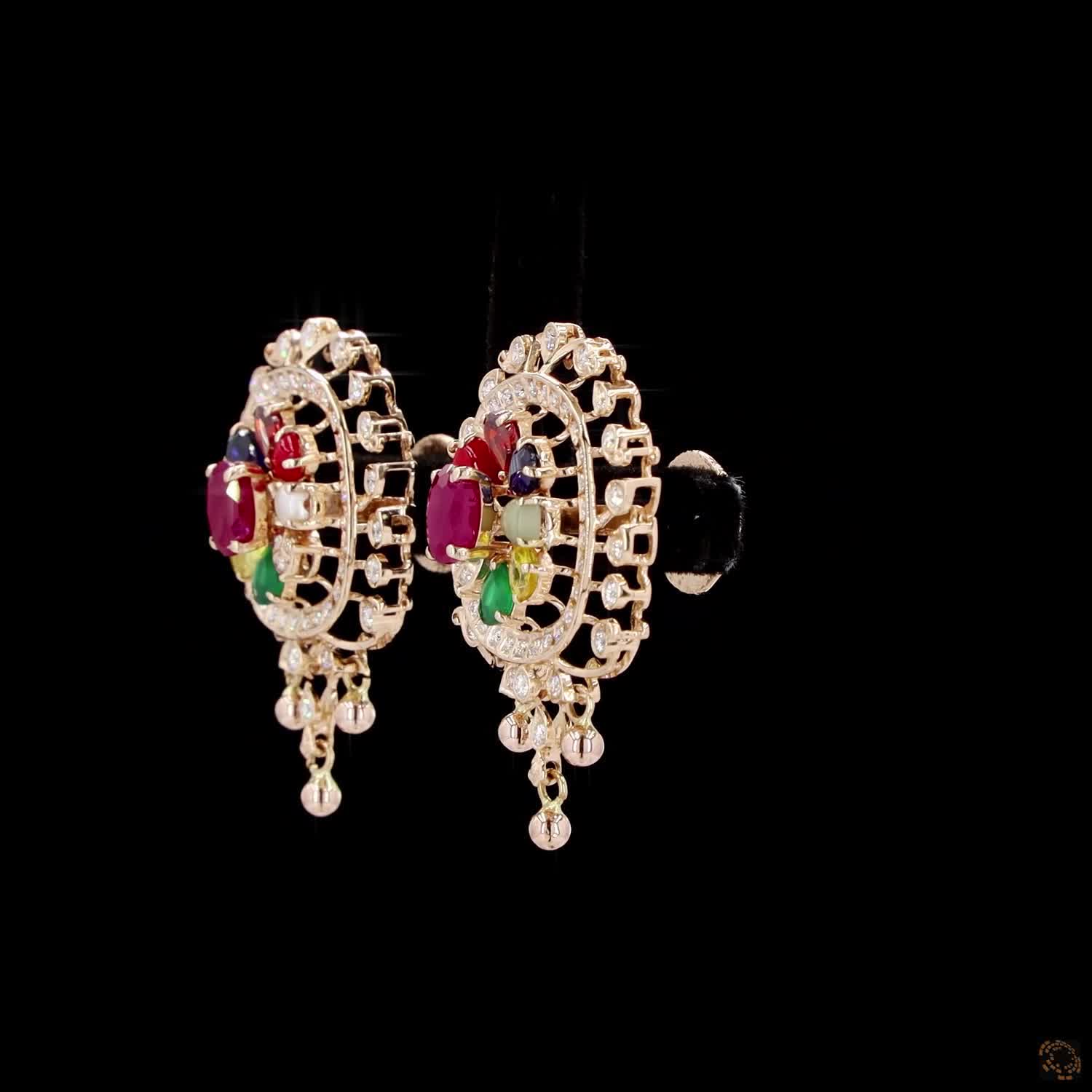 Navratna Stone Diamond Earrings in 18KT Yellow Gold