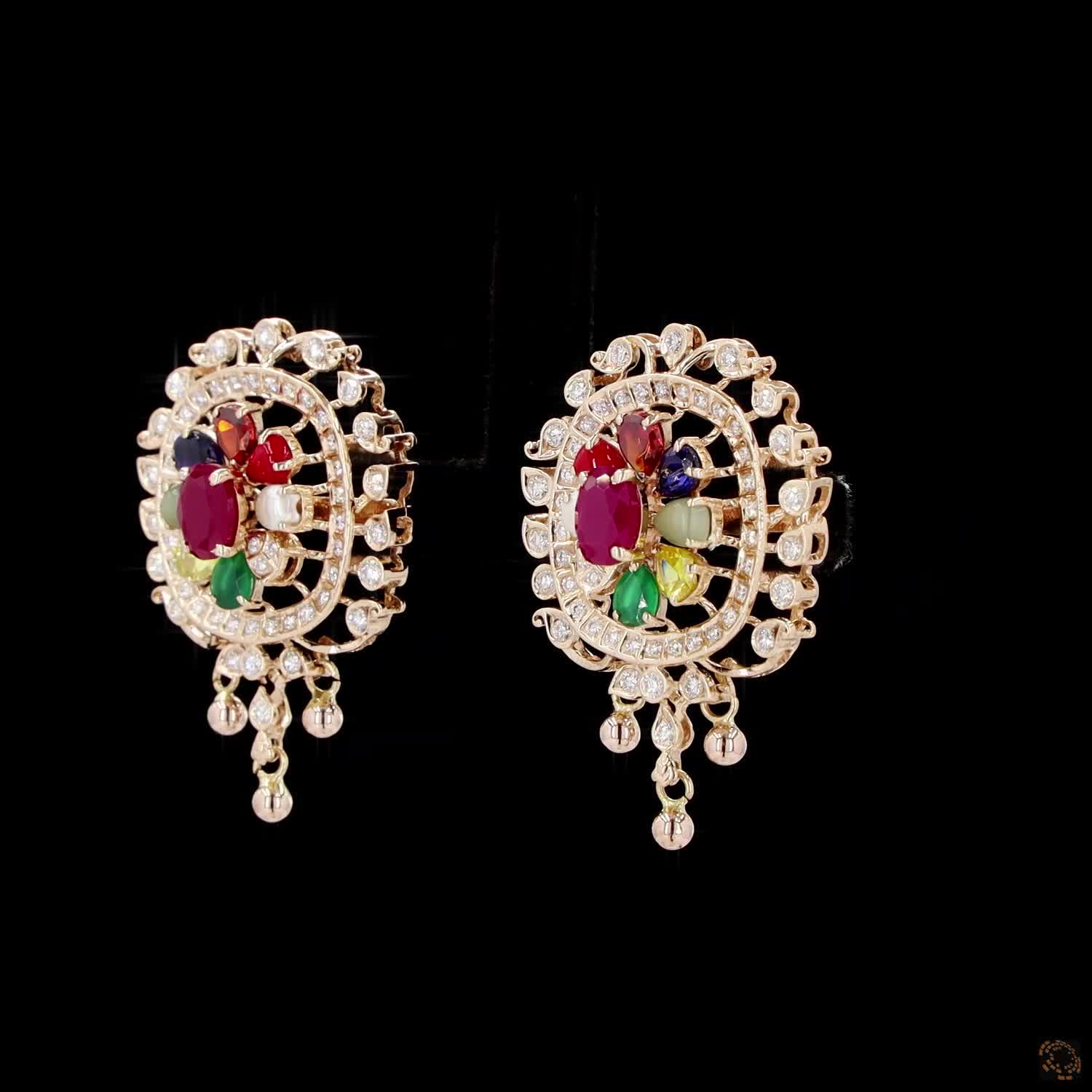 Navratna Stone Diamond Earrings in 18KT Yellow Gold