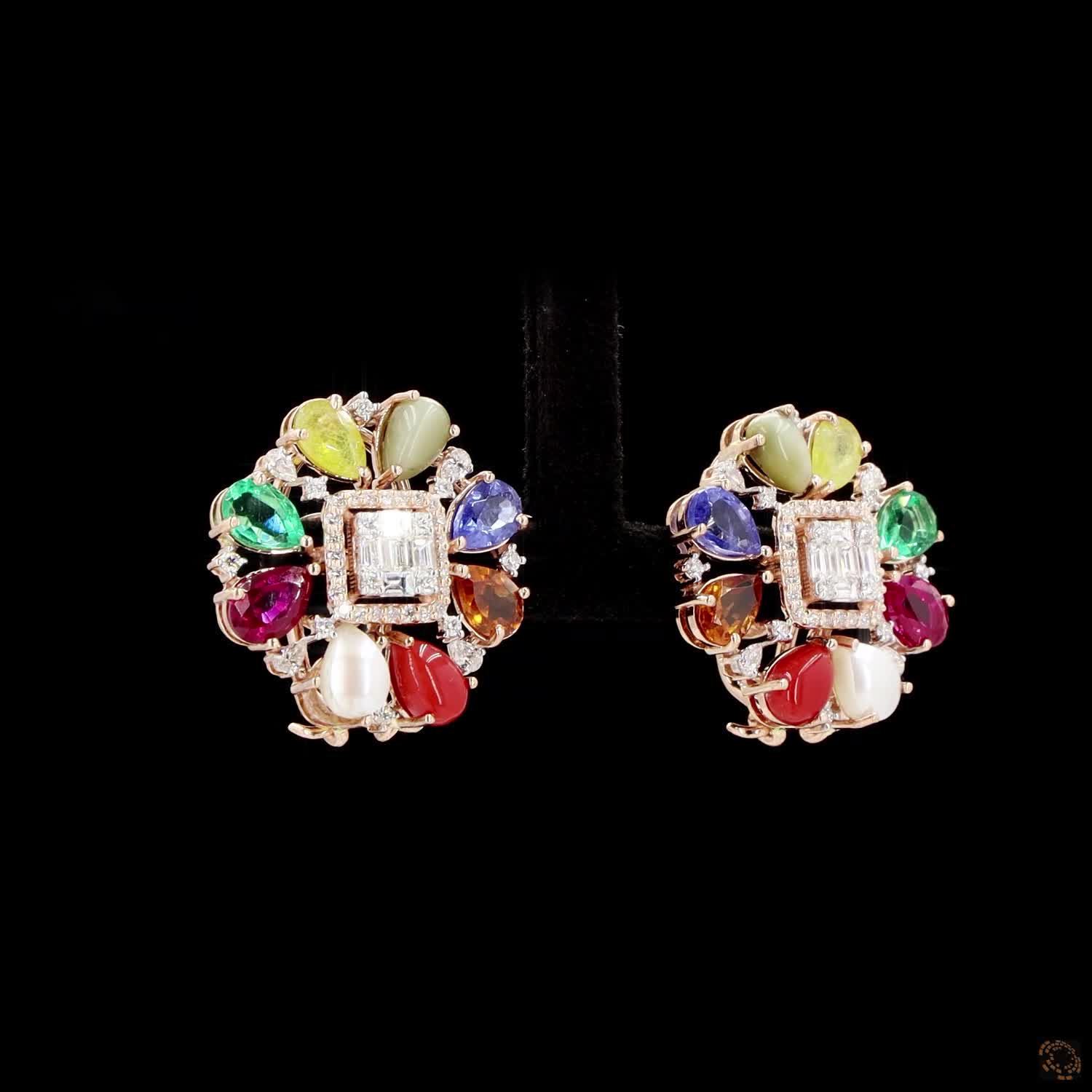 Navratna Stone Diamond Earrings in 18KT Rose Gold