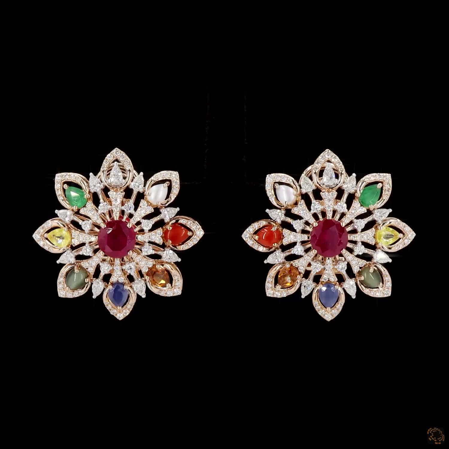 Navratna Stone Diamond Earrings in 18KT Rose Gold