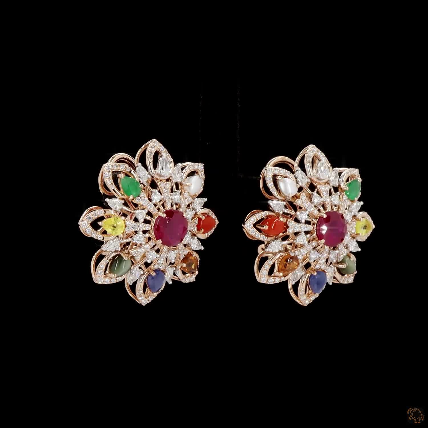 Navratna Stone Diamond Earrings in 18KT Rose Gold
