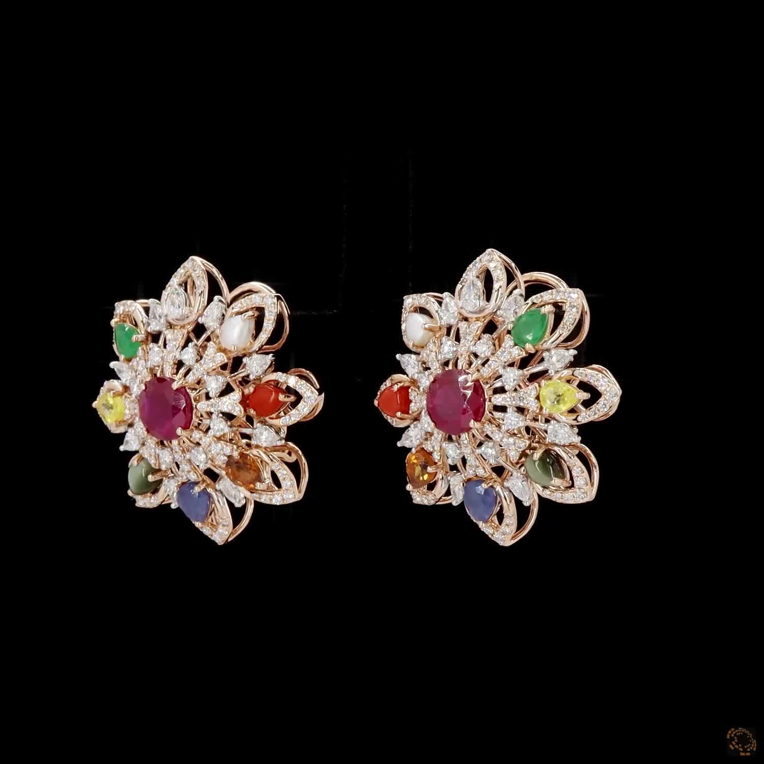 Navratna Stone Diamond Earrings in 18KT Rose Gold