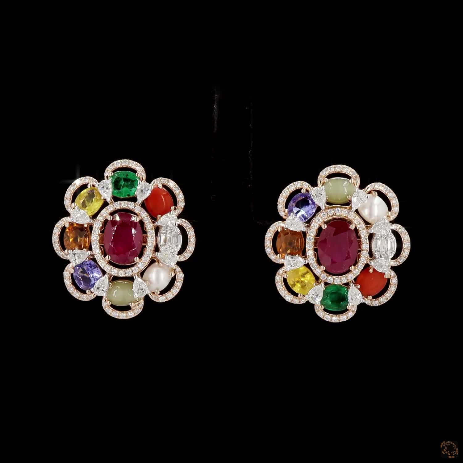Navratna Stone Diamond Earrings in 18KT Rose Gold