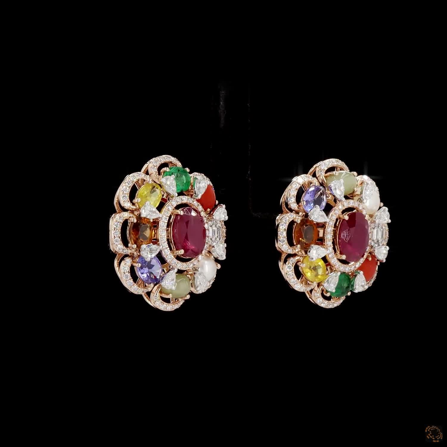Navratna Stone Diamond Earrings in 18KT Rose Gold