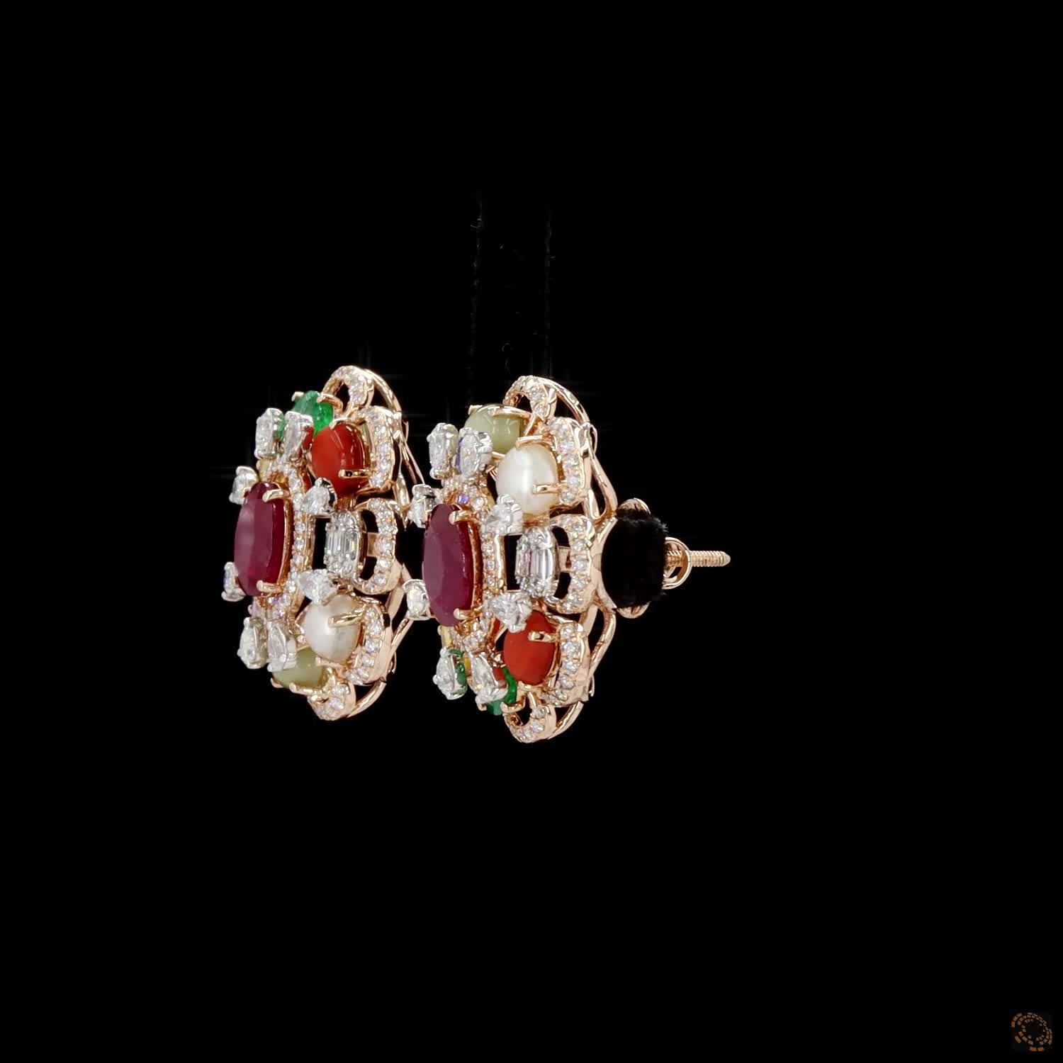 Navratna Stone Diamond Earrings in 18KT Rose Gold