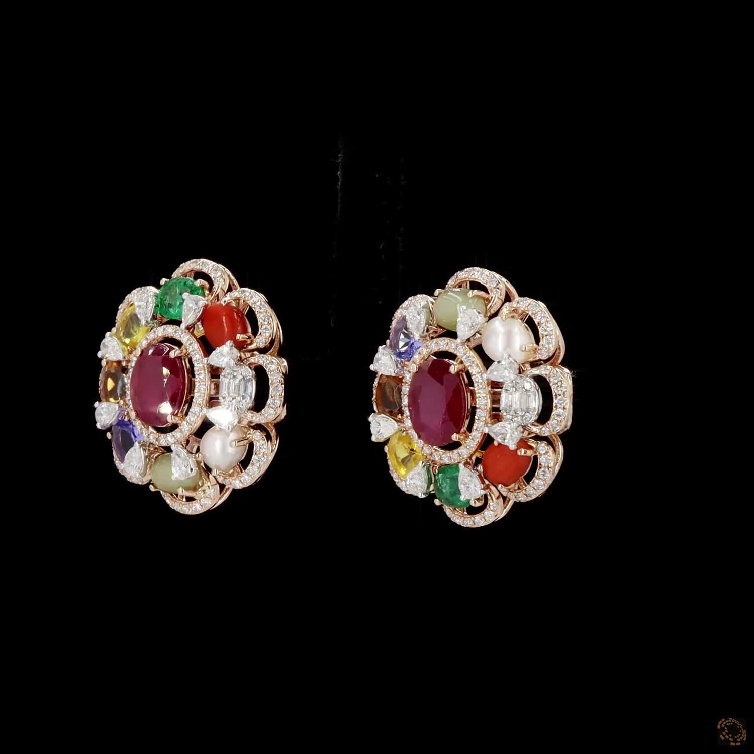 Navratna Stone Diamond Earrings in 18KT Rose Gold