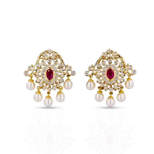 Traditional Ruby & Diamond Earrings with Pearl Drops