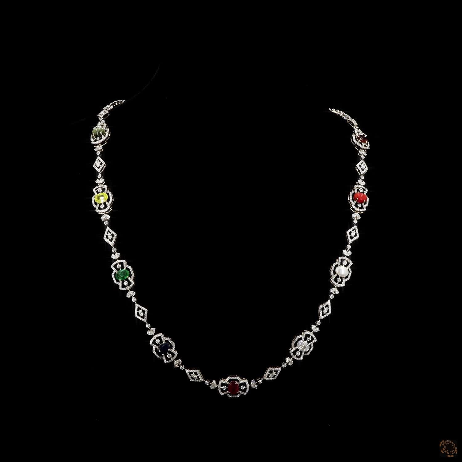 Navratna Stone Diamond Necklace in 14KT Yellow Gold