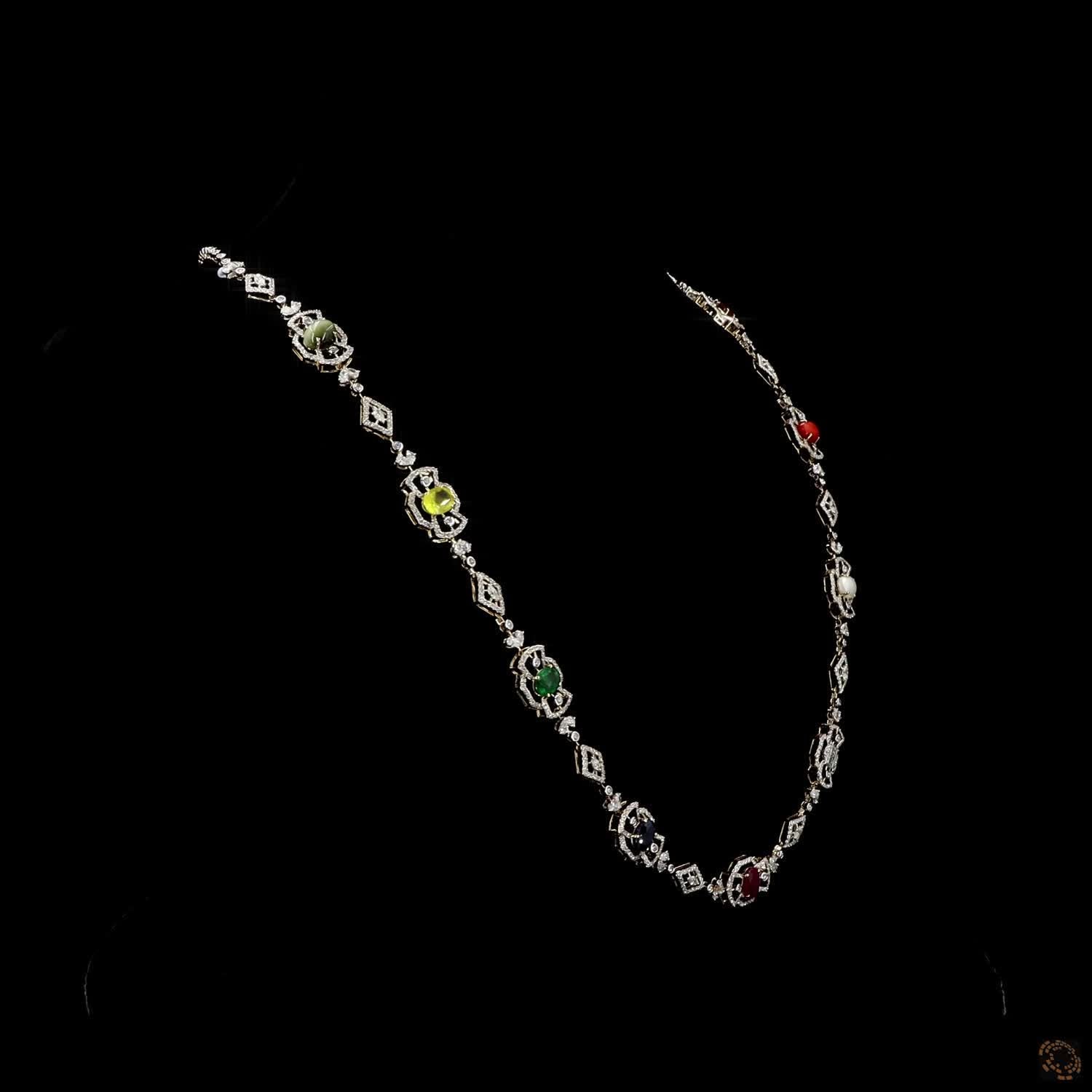 Navratna Stone Diamond Necklace in 14KT Yellow Gold