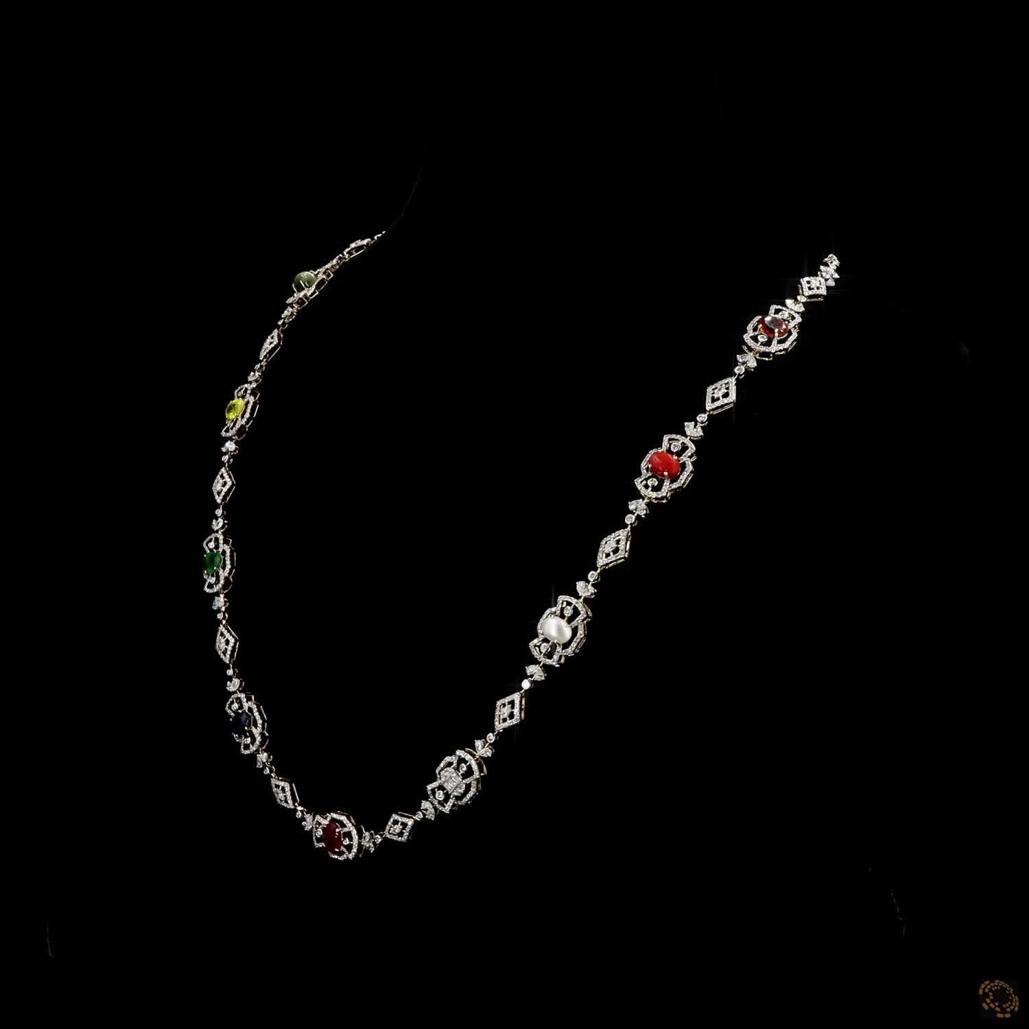 Navratna Stone Diamond Necklace in 14KT Yellow Gold