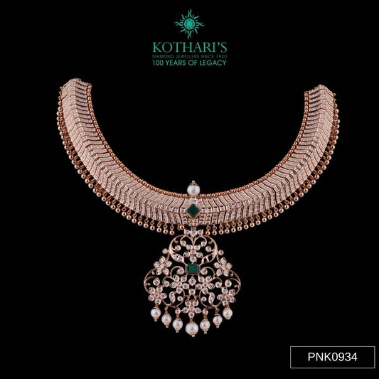 Emerald & Pearl Diamond Necklace in 18KT Rose Gold
