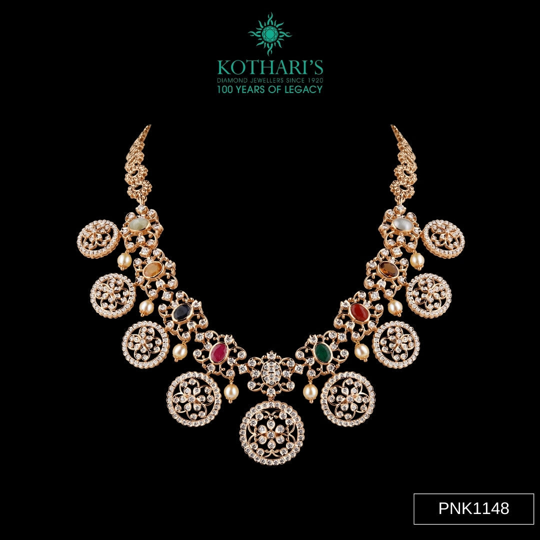 Navratna Stone & Pearl Diamond Necklace in 18KT Rose Gold