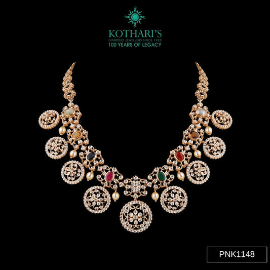 Navratna Stone & Pearl Diamond Necklace in 18KT Rose Gold