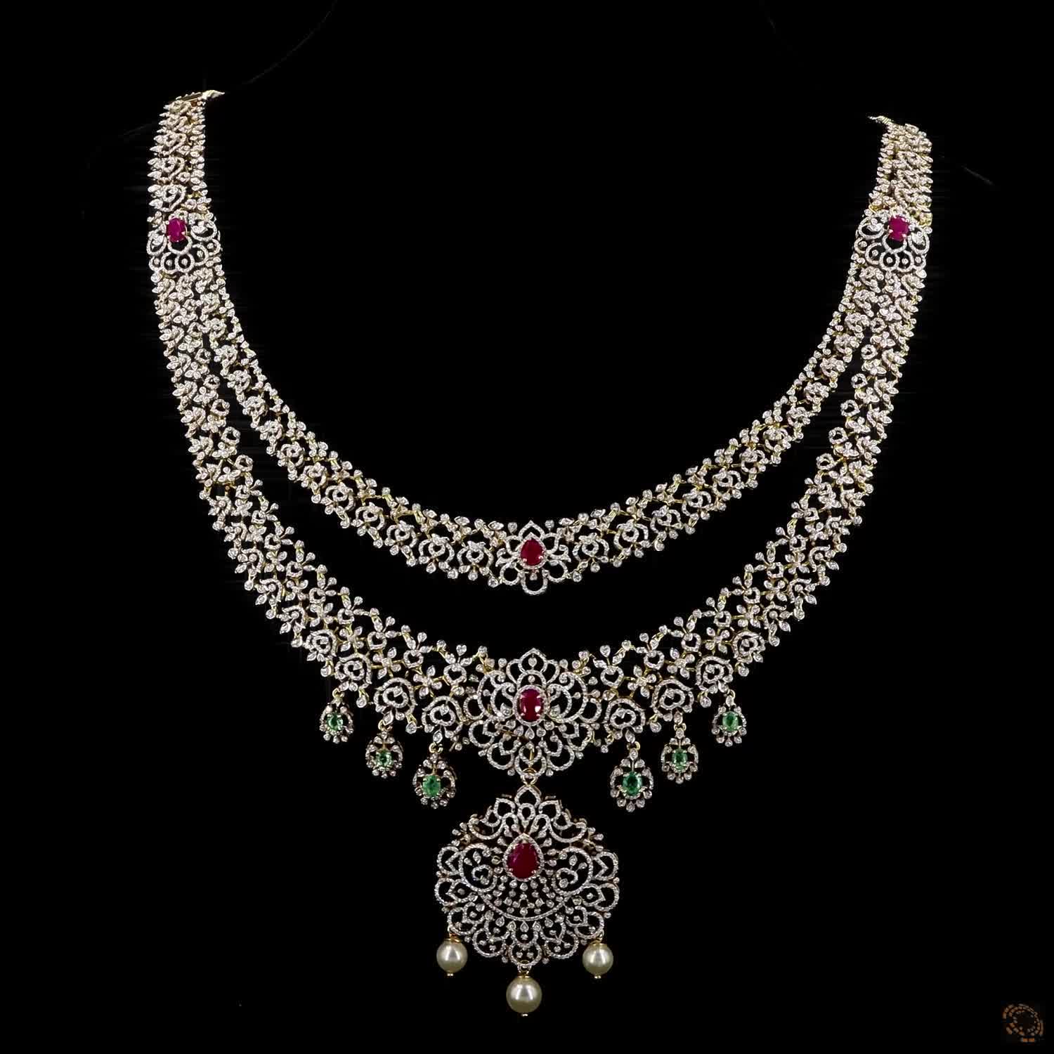 Emerald & Ruby Diamond Necklace in 18KT Yellow Gold