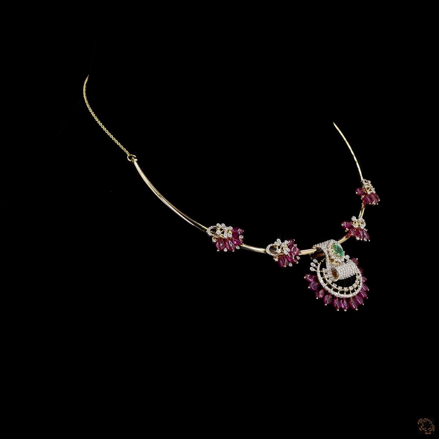 Emerald & Ruby Diamond Necklace in 18KT Yellow Gold